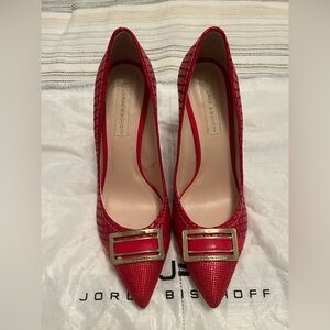 Red Croc-Embossed Heels with Gold Accent